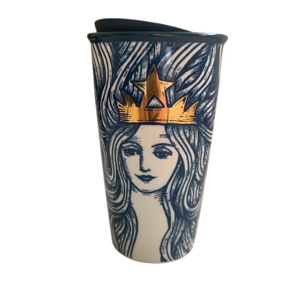 Starbucks Siren Ceramic Travel Mug 10oz Navy Gold Crown Tumbler Mermaid
